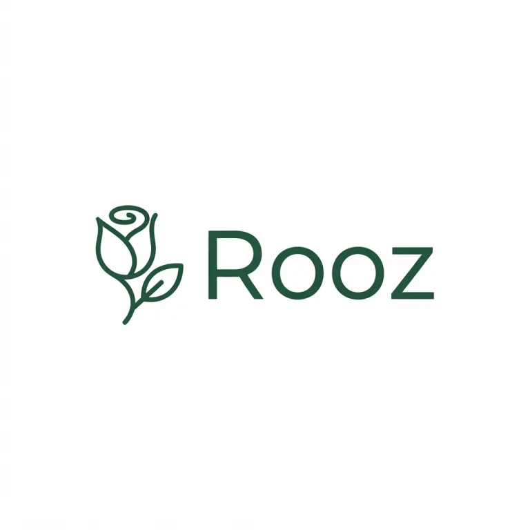 لوگوی سبز جنگلی: یک گل رز خطی و کنارش نام Rooz با حروف لاتین، روی زمینهٔ سفید