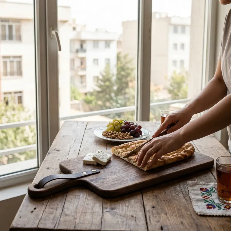 تختهٔ برش چوبی با بند چرمی روی میز کنار پنجره، دستی در حال بریدن نان روی آن